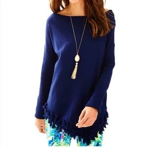 Lilly Pulitzer True Navy Asymmetrical Tassel Hem Cowlneck Ferrera Sweater
